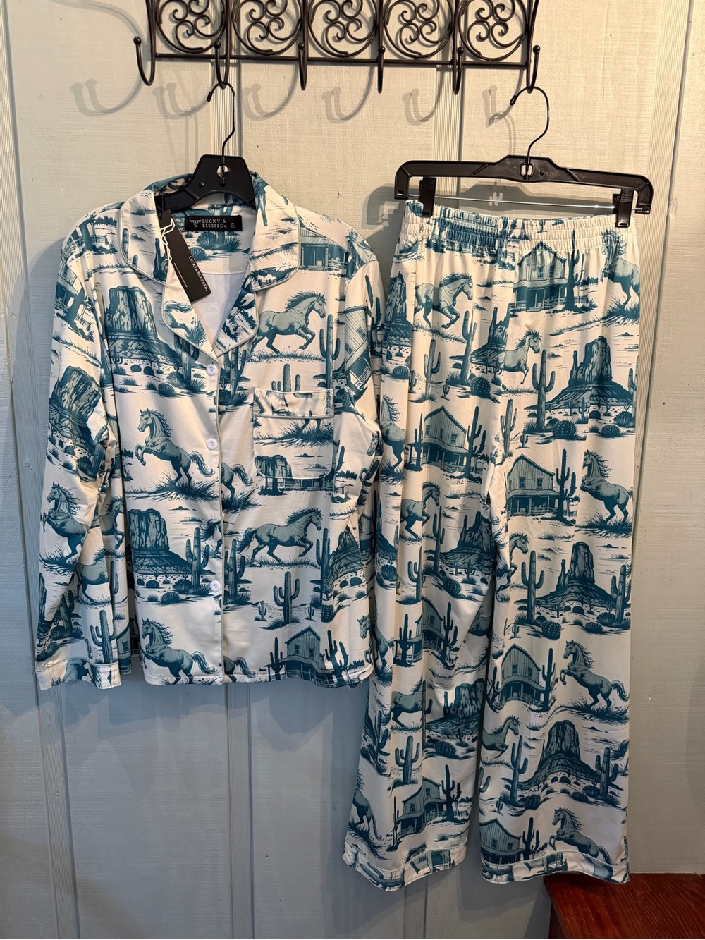 Lucky and Blessed Women’s White and Teal Western Horse Pajama Set - Picture 3 of 3